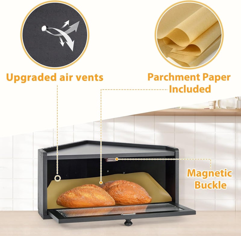 Sunhoo Bread Box for Kitchen Countertop Wooden Corner Breadbox Counter Food Storage Bin Container Farmhouse Rustic Homemade Bread Fresh Keeper Organizer Holder Vintage Stackable with Window (Black) - Image 2